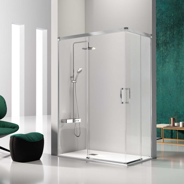 Angular Ducha Glase GS607+GS607 Cromo 2 Fijos + 2 Puertas Corredera Vidrio Transparente