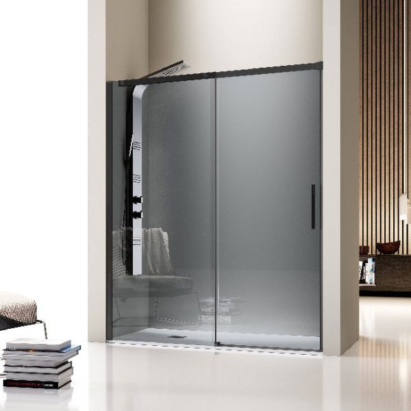 Frontal Ducha Luna LU102 05 Fijo + Puerta Corredera Negro Mate Vidrio Parsol Gris