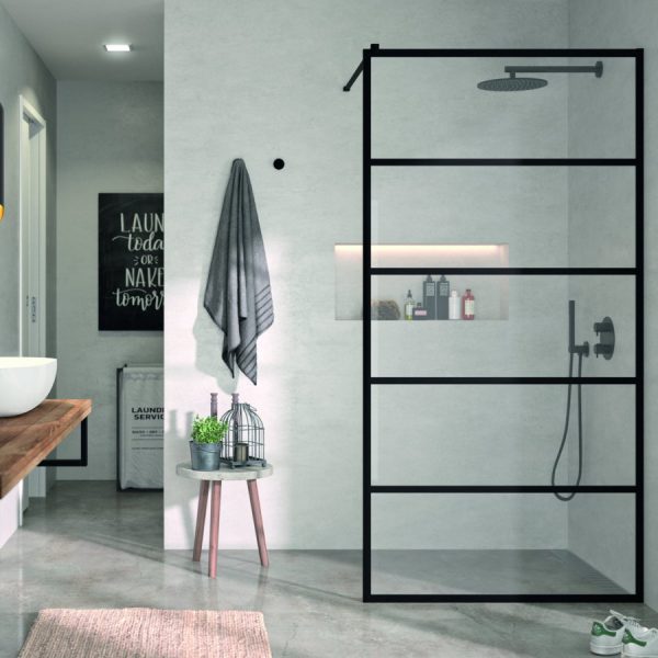 Panel Fijo De Ducha Fresh FR103 Negro Mate Con Aluminio Perimetral Decor industrial Lineas