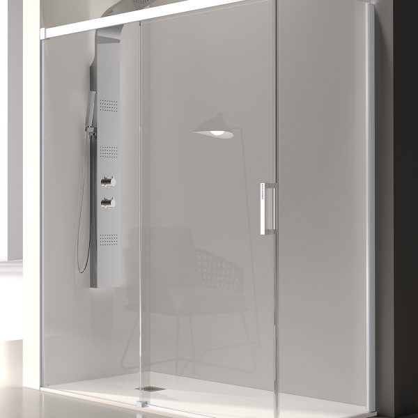 Frontal Ducha Glase GS102 Lacado blanco Fijo + Puerta Corredera Vidrio Transparente