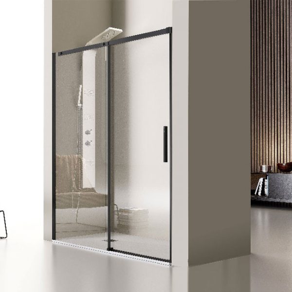Frontal Ducha Luna LU102 05 Fijo + Puerta Corredera Negro Mate Vidrio Transparente
