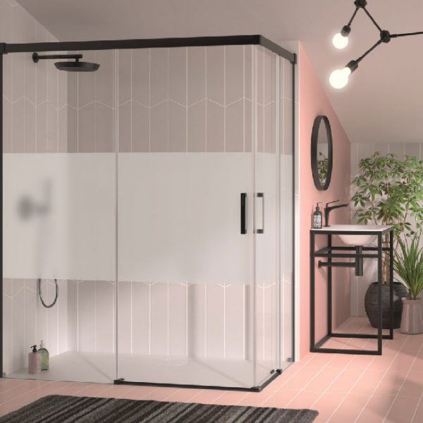 Angular Ducha Glase GS607+GS607 Lacado Negro 2 Fijos+ 2 Puertas Corredera Decor Bora