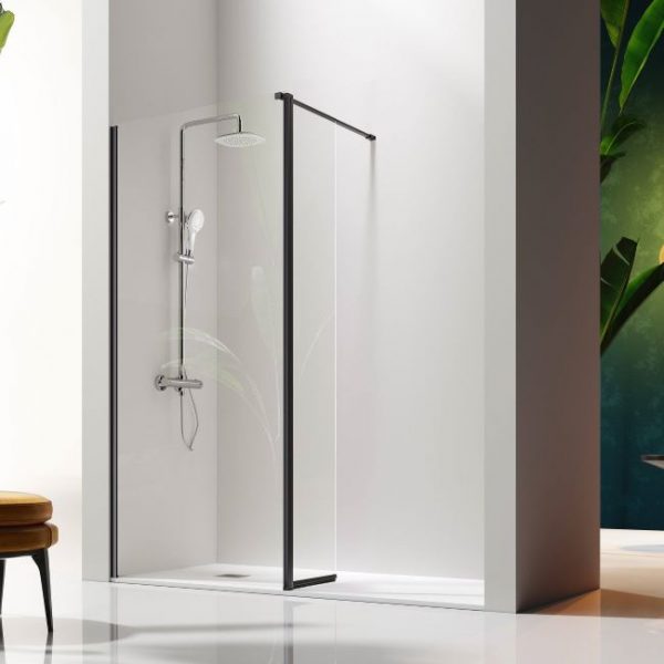 Panel Fijo De Ducha Lacado Negro Mate + Puerta Abatible Giro GR524 Vidrio Transparente