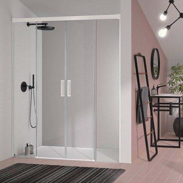 Frontal Ducha Glase GS100 01 Lacado Blanco 2 Fijos+ 2 Puertas Correderas Vidrio Transparente