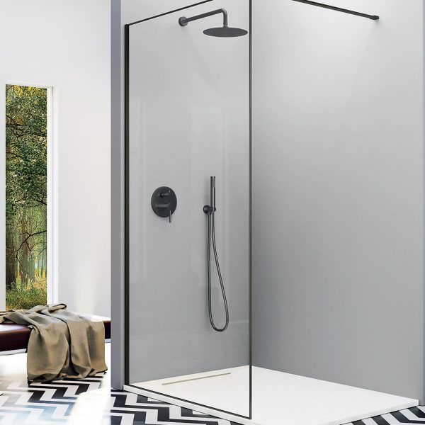 Fresh Arena Panel Fijo de Ducha Cerco Perimetral en Aluminio de 0,4cm Vidrio Transparente FA633 36. 05 Negro Mate.