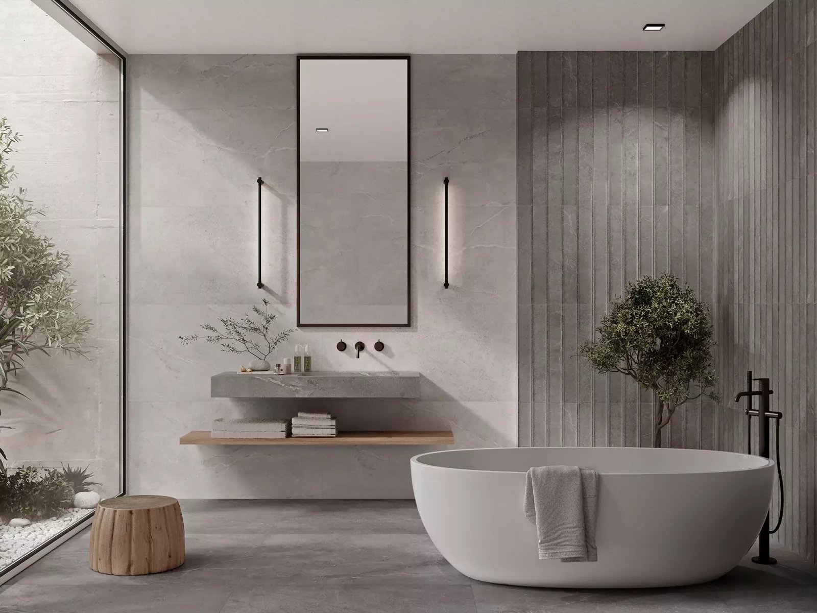 Baño con pavimento de ls serie Montblanc.